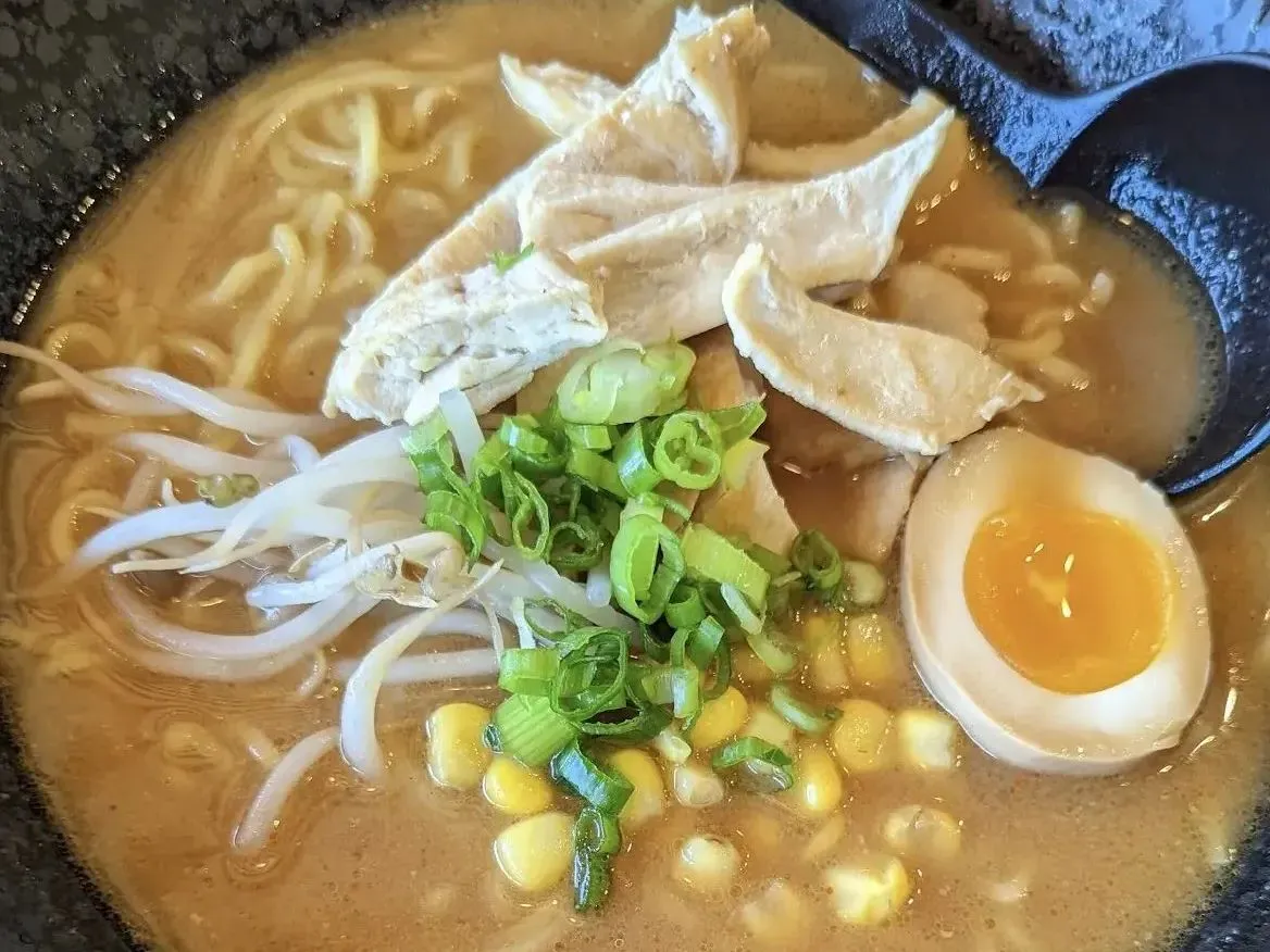 Miso ramen with chicken slices, soft boiled egg, bean sprouts, corn and green onions